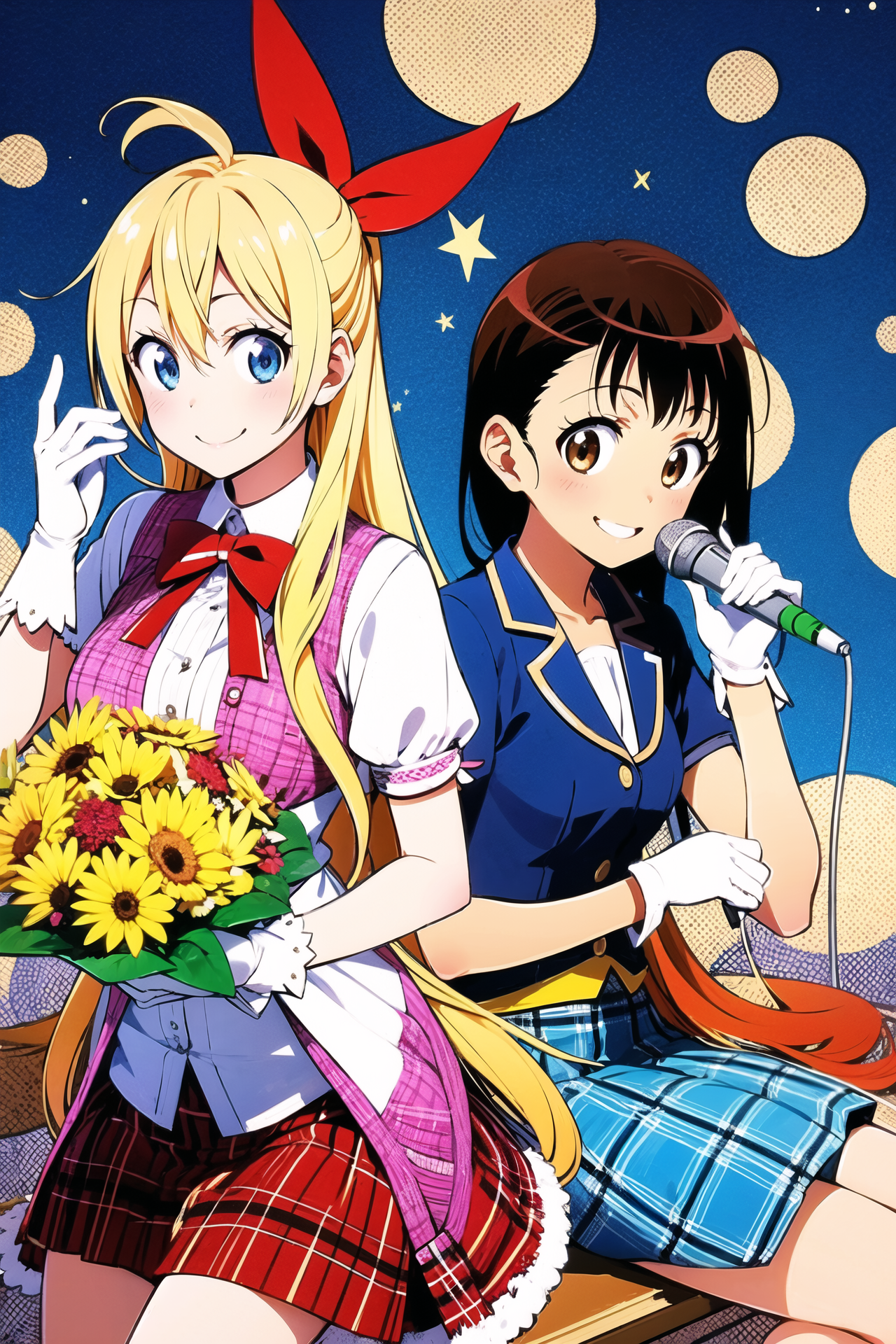 17993-1076271923-multiple girls, 2girls, Kirisaki Chitoge, Onodera Kosaki, blonde hair, blue eyes, gloves, brown eyes, smile, flower, long hair,.png